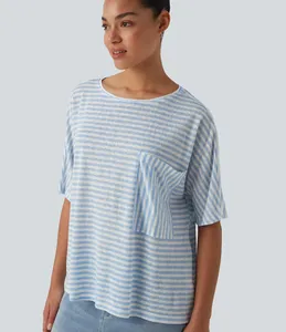 Camiseta de Algodón Sólido Ever Glow para Mujer, Talla Grande, con Bolsillo, Cuello Redondo, Casual, Manga Larga, Ecológica, de Secado Rápido - Product Image 2