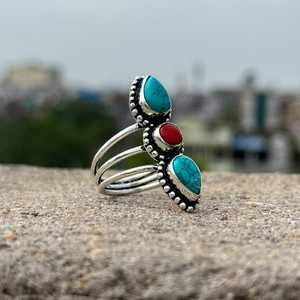 Bague artisanale en argent sterling 925 avec turquoise bleue et corail rouge, pierres multicolores, bijoux fantaisie en pierres précieuses opaques, vente en gros - Product Image 4