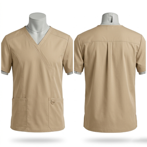 เสื้อคลุมสปาและร้านเสริมสวยสีเบจ ผ้าโพลีคอตตอน 180 GSM คอวี ดีไซน์แผง ตกแต่งปักโลโก้ตามสั่ง - Product Image 1
