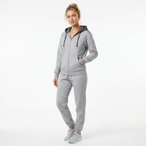 Chándal unisex gris con capucha, sudadera con cremallera completa y bolsillos laterales, y pantalones a juego, ropa informal de otoño, 100% algodón - Product Image 3
