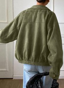 Veste en daim vert olive pour femme, manches longues, col montant, fermeture éclair, style automne - Product Image 3