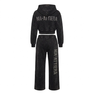 Conjunto de Sudadera con Capucha y Pantalones Jogger para Mujer, Personalizado, Lavado Ácido, Negro, con Cierre, de Algodón y Felpa, Ropa Deportiva Urbana, Venta al Por Mayor OEM - Product Image 4