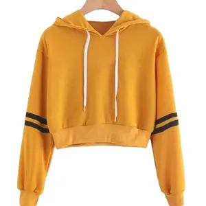 Weiblicher abgeschnittener Hoodie solide Farbe Baumwolle Fleece lange Ärmel geschnittenes Oberteil Hoodie / runder Kragen geschnitten kurze Damen-Kapuzenpullover