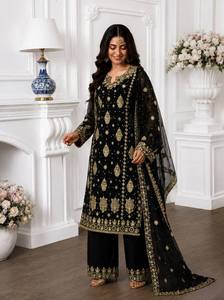Black Embroidered Indian Pakistani Set Long <b>Top</b> Palazzo Dupatta <b>Net</b> Party Outfit for Wedding Banquet - Product Image 3