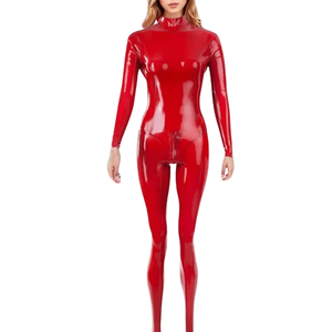 Combinaison pour femme en PU rouge, manches longues, col roulé, taille haute, coupe ajustée, longueur intégrale, couleur unie, tenue de club - Product Image 1