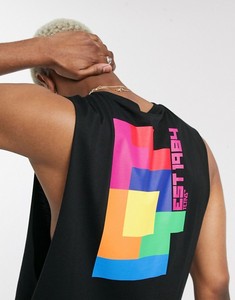 Men's Black Sleeveless Tank <b>Top</b> With <b>Rainbow</b> Geometric Print Back Logo Casual O-Neck Style - Product Image 3