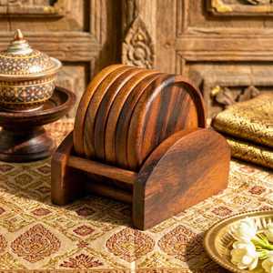 Handcrafted Brown Acacia Coaster Set | Quiet Luxury Sculptural <b>Desk</b> Decor | Japandi Functional Art Executive Gift For Table Deco - Product Image 5