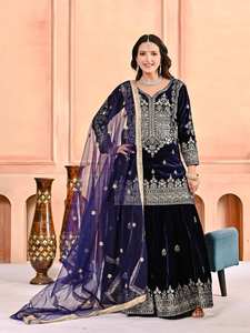 Nouvelle tenue indienne pakistanaise de mode, bleu foncé, en faux georgette épais, séchage rapide, coupe droite moderne, avec bordure, Salwar Suit Dupatta pour mariée et soirée - Product Image 3