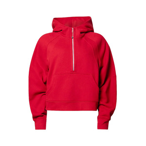 เสื้อสเวตเตอร์มีฮู้ดสีแดงสำหรับผู้หญิง แขนยาว สีพื้น ผ้าฟลีซ ซิปครึ่งหน้า ระบายอากาศได้ดี เหมาะสำหรับใส่ลำลองในฤดูใบไม้ร่วง - Product Image 1