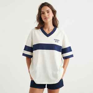 <b>Women's</b> White <b>V</b>-<b>Neck</b> Oversized <b>T</b>-<b>Shirt</b> Three Quarter Sleeve Color Blocking Logo Print Loose Fit Spring Summer Cotton - Product Image 3