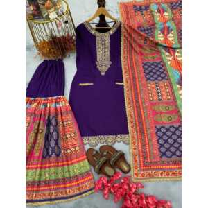 Ensemble haut, pantalon palazzo et dupatta en soie chinon pure pour les occasions spéciales, taille 2XL - Product Image 1