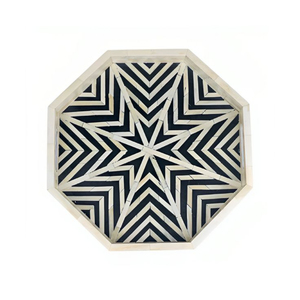 Plateau de service rond de haute qualité en nacre incrustée, motif floral noir en mosaïque, plateau décoratif en coquille de nacre pour table basse ou ottoman - Product Image 3