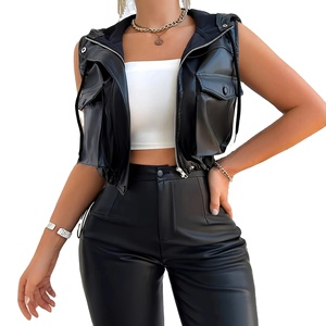 Chaleco de Cuero PU Moderno para Mujer con Gorro con Cordón y Bolsillo con Cremallera, Estilo Corto, Casual, Cómodo, para Primavera y Otoño - Product Image 2