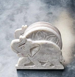 Juego de 6 posavasos de mármol blanco con diseño de elefante, calidad de exportación, color blanco piedra - Product Image 2