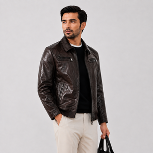Men Genuine Leather Winter Streetwear <b>Jacket</b> <b>Zip</b>-<b>Up</b> Stand Collar Outerwear Waterproof Windproof Breathable OEM ODM Custom - Product Image 4