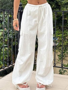 Pantalon cargo décontracté taille haute pour femme, nouvelle collection automne, coupe large, en pur coton, avec plusieurs poches, broderie, style devant plat - Product Image 2