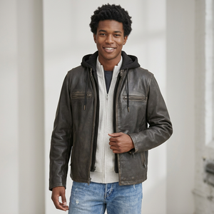 Chaqueta de Motociclista para Hombre, de Cuero Genuino, con Capucha, Cierre de Cremallera, Color Sólido, Corte Regular, Estilo Otoñal - Product Image 6