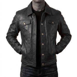 Chaqueta de Cuero Genuino Negra para Hombre, Estilo Moto Clásico, Cuello Camisero, Cierre de Botones, Corte Regular, Ropa de Otoño, Chaquetas para Hombre - Product Image 4