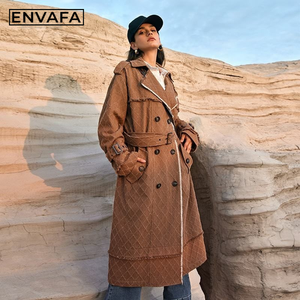 ENVAFA <b>Women</b> Long Trench <b>Coat</b> Woven Breathable <b>Double</b> <b>Breasted</b> Turn-down Collar Casual Autumn Outerwear Solid Color Full Sleeve - Product Image 5