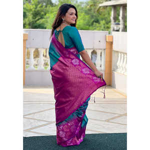 ผ้าส่าหรีสีเขียวลายทอแบบเอลีท พร้อมขอบผ้าไหมสีชมพูเนื้อนุ่มลายดอกไม้ ประดับด้วยงานปักดิ้นทอง สำหรับชุดออกงานกลางคืน น้ำหนัก 0.65 กรัม - Product Image 4