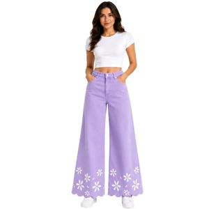 Jeans Anchos de Mujer con Bordado Floral Morado Lavanda, Cintura Alta, Casuales, de Mezclilla, Personalizados, OEM, Marca Privada, Pantalones de Moda - Product Image 1