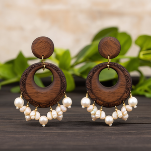 Matte Finish Wood Hoop Stud & Drop Earrings-Religious Ethnic & Bohemian Styles with Pearl Accents - Product Image 2