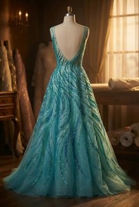 Vestido de Noche Azul Turquesa de Alta Calidad, Hecho a Mano con Cuentas, Vestido de Gala de Tul con Lentejuelas y Patrón de Ondas, Personalizado - Product Image 3