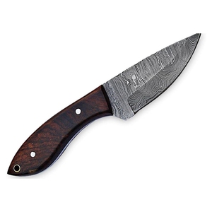 Cuchillo de caza de acero de Damasco de grado industrial, hoja fija tipo Skinner con punta de gota y filo serrado, 4.5mm de grosor, espiga completa, mango de madera y cuero - Product Image 3