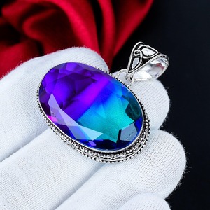 Pendentif Bohème pour Femme en Argent Sterling 925 avec Tourmaline Bicolore Ovale Facettée et Sertissage clos, Bijou Artisanal en Pierre Précieuse - Product Image 6