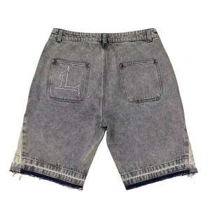 Men’s Black Grey Denim Shorts Lettering Loose Fit Knee Length Baggy Jean Hem Casual Streetwear Summer Fashion - Product Image 2