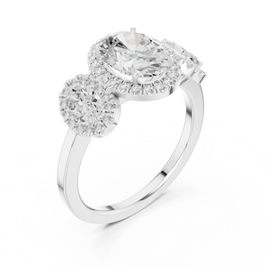 Sterling <b>Silver</b> Three-Stone Halo Oval Moissanite Engagement <b>Ring</b> | <b>Statement</b> Wedding <b>Ring</b> for Women - Product Image 4