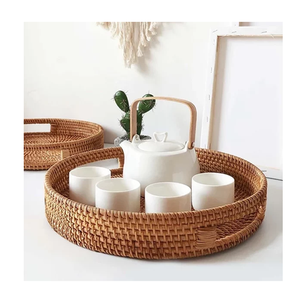 Plateau de service rustique de luxe en rotin, fait main, avec poignée en bois naturel, organisateur de thé et de collations, qualité supérieure pour la table à manger à la maison - Product Image 2