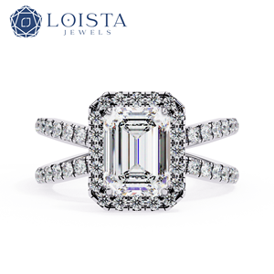 LOISTA Emerald Cut Diamond <b>Ring</b> With Halo And Side Stones In White Gold For Women's Engagement Classic Style GIA Certified - Product Image 1