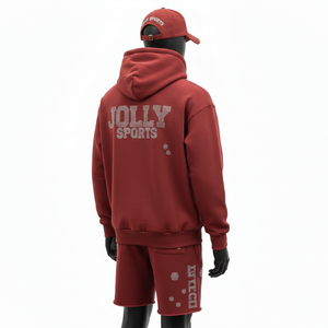 Conjunto de Sudadera con Capucha y Pantalones Cortos para Hombre, Algodón Grueso de 320 GSM, Color Granate Cálido, Logotipo Termoadhesivo, Ajuste Personalizado - Product Image 5