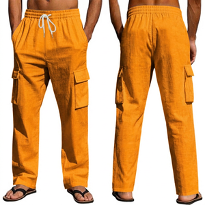 Pantalon en lin et coton gris pour homme, taille élastique avec cordon de serrage, plusieurs poches, coupe décontractée, respirant, pour l'été, style workwear - Product Image 5