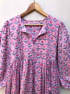 Robe midi en gaze de coton à manches longues, col profond, motif floral, imprimée à la main, pour femme, commandes en gros au meilleur prix, vêtements de nuit - Product Image 3