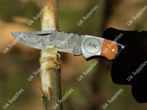 Couteau de poche pliant utilitaire en acier Damas avec verrouillage arrière, manche en bois et époxy, pointe tombante 3,5 pouces, 58-60 HRC, léger et durable - Product Image 2