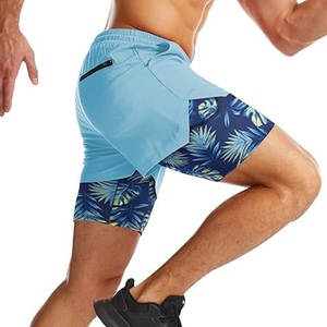 Shorts de sport 2-en-1 pour hommes, avec compression intégrée, imprimé tendance plage, poche téléphone, fabrication OEM en gros - Product Image 5