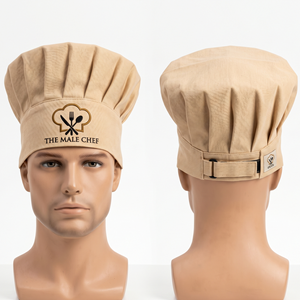 Gorro de Chef para Hombre, 240 GSM, Lona de Algodón Premium Beige, Corona Plegable Ajustable, Bordado Personalizado, Etiqueta Tejida con Logotipo - Product Image 1