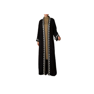 Abaya noire longue avec broderie lune et étoiles, col montant, style Moyen-Orient modeste, manches longues, vente en gros - Product Image 4