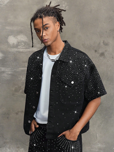 Rhinestone Denim <b>Shirt</b> <b>Mens</b> All Over Sparkle Glitter Washed Black Bling Embellished Short Sleeve Boxy Oversized - Product Image 1