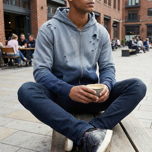 Sweat à capuche oversize pour homme, effet délavé, zippé, style streetwear décontracté - Product Image 6