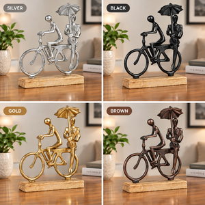 Sculpture Moderne en Métal de Couple à Vélo avec Parapluie, Base en Bois, Figurines d'Art pour Table, Décoration Romantique pour la Maison (Vente en Gros) - Product Image 3