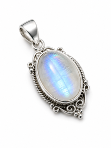 Dijes de Plata de Alto Acabado con Engaste de Bisel Moderno, Diseño de Cabujón Ovalado de Piedra Lunar Arcoíris, Regalo Unisex Natural - Product Image 1