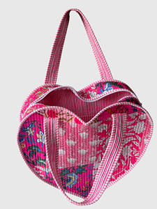 Floral Cotton <b>Heart</b> Shape Tote <b>Bag</b> With Panelled Design Bohemian Style For Shopping - Product Image 3