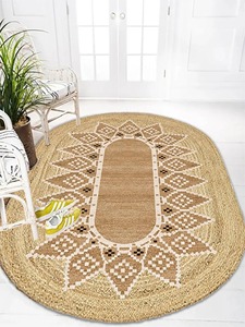 Oval Jute Area <b>Rug</b> Geometric Pattern Bohemian Style <b>Flat</b> Weave Non Slip Rubber Backing Living Room Floor Mat - Product Image 2