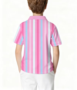 Pink Blue White Striped Short Sleeve Polo Shirt for Boys Casual Woven Collar Design Polyester/Cotton Jersey Breathable - Product Image 2