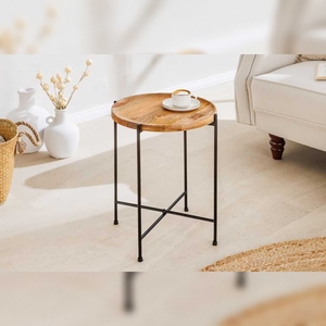 Table d'appoint moderne Vandana TRAYFUL 50cm en bois de manguier naturel, plateau amovible pliable, mobilier de chambre, bureau à domicile - Product Image 2