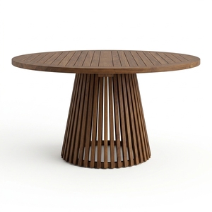 Mesa de Comedor Redonda de Teca Personalizada con Listones, Mesa de Pedestal con Listones para Exteriores, Fabricante Mayorista de Jepara, Indonesia - Product Image 1