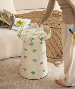 Escapadas tropicales y vida costera relajada. Taburete hecho a mano para sala de estar, cuidadosamente incrustado sobre una base de MDF. - Product Image 5
